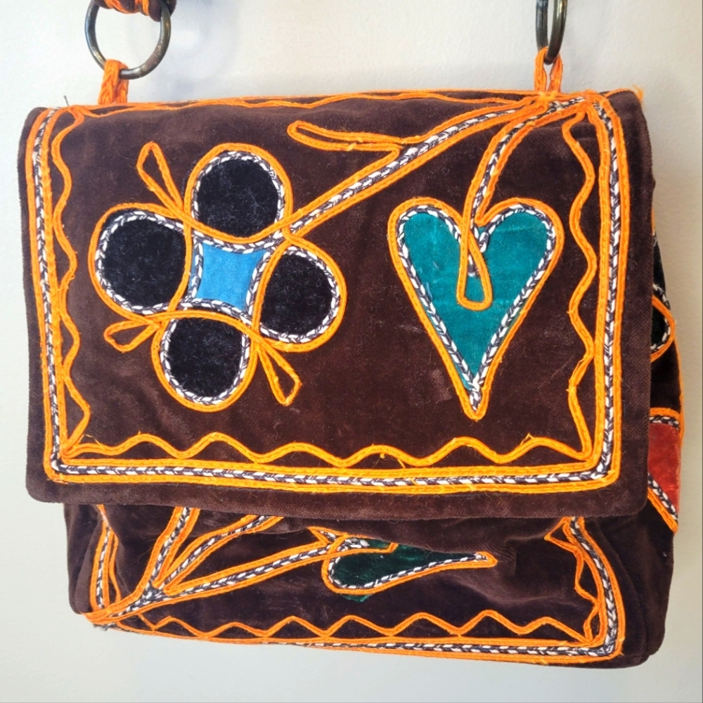 Brown Suede Shoulder Bag with Teal & Orange Appliqué